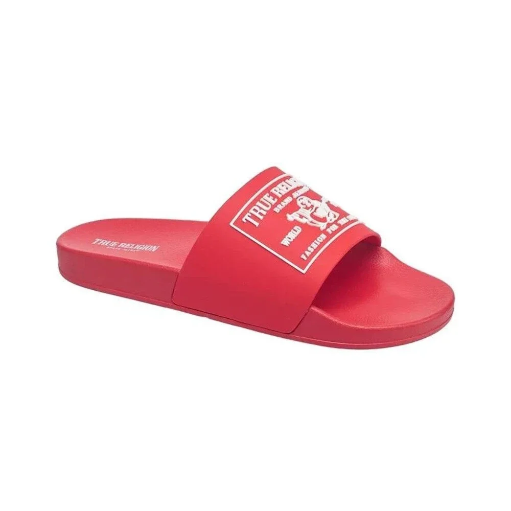 True Religion Mens Kendrick Slides Red Buddha Logo Sandals Slippers Size 10 NWT
